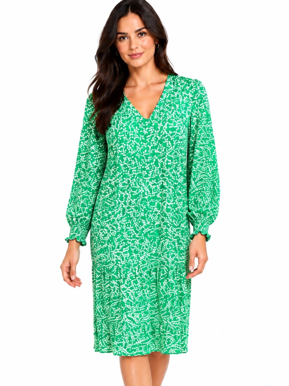 Draper James Green and White Floral Long Sleeve V-Neck Dress Medium